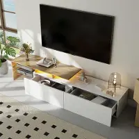 OKWISH TV-kast, mediakast met praktische opbergruimte en glazen planken, bijpassende kast met hoogglans wit oppervlak en LED-verlichting, Wit + Natuurlijk