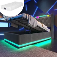 MODFU Eenpersoonsbed 90x200 cm – Grijs gestoffeerd – 360° LED – USB-C – Hydraulische opbergruimte – Met matras
