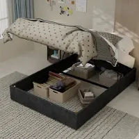 MODFU Bedframe 140x200 cm – stof en metaal – grijs – modern met gaslift opbergruimte – hoofdbord apart