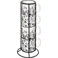 Secret De Gourmet Set van keramische koffiemokken met metalen rek - 4 stuks, wit, 240 ml