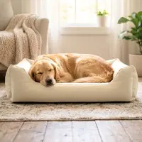 4L Textil Mario Orthopedisch hondenbed van kunstleer, XL, hondenmand, kunstleer, voor grote honden, traagschuim, visco, waterafstotend, robuust, comfortabel (120 x 90 x 25 cm, Beige)