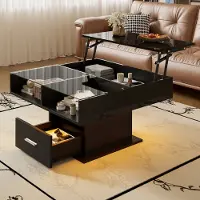 HAUSS SPOLE Salontafels - Koffietafel Verstelbaar Met LED-Strook En Lade - 78x78x45,5/59,5 cm - Spaanplaat - Zwart