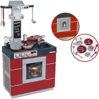 Klein Toys Miele keuken - fornuis, afzuigkap, dispenser, spoelbak, handige opbergvakjes - incl. bijpassende accessoires - rood grijs
