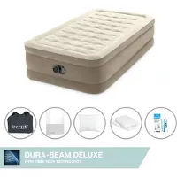 Intex luchtbed - 1 persoon - 99 x 191 x 46 cm - Beige - Met ingebouwde pomp, spreihoes wit, kussen, molton 2-in-1 kussenslopen en reparatieset