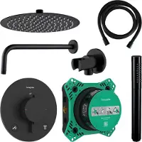 Hansgrohe Regendouche inbouw ecostat wanduitloop met handdouche en hoofddouche 20 cm thermostaat rond mat zwart
