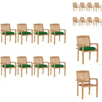 vidaXL Teak Tuinstoelen Set - Stapelbaar - Houten Stoelen met Kussens - Groen - 60x57.5x90 cm - Tuinstoel