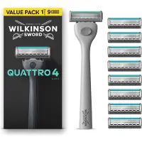 Wilkinson Quattro Scheersysteem voor mannen, voordeelverpakking, 4 mesjes met diamantcoating, scheersysteem met 9 navulmesjes