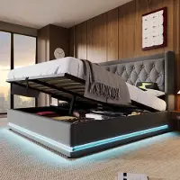 MODFU Opbergbed 140x200 cm – Katoen met getuft hoofdbord & LED – Incl. matras – Grijs
