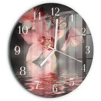 Tulup Wandklok - Orchidee Wandklok Glas Decoratie - 30fi cm - Roze Gekleurde Glazen Klok - Witte Handen - Ronde Wandklok - Moderne Wandklok Glas - Wandklok Glas Decoratie