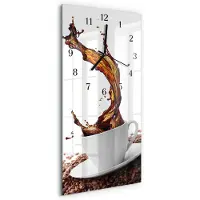 Tulup Wandklok - Kopje koffie Gekleurde Glazen Klok - 30x60 cm - Veelkleurig Glazen Klok Met Print - Zwarte Handen - Rechthoekige Wandklok - Klok Glas Met Opdruk - Moderne Wandklok Glas