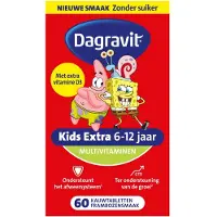 Dagravit Kids Extra 6-12 jaar Multivitaminen - SpongeBob - Ondersteunt het afweersysteem (1) - Ter ondersteuning van de groei (2) - Frambozensmaak - Suikervrij - 60 kauwtabletten