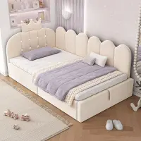 OKWISH Bedbank 90x190 cm - Met Hydraulische Opbergruimte - Omkeerbare L-Vorm - Fluweel - Zonder Matras - Beige