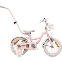 Sun baby Kinderfiets 14 Inch FLOWER BIKE Retro, Fiets voor Meisje 3-5 Jaar, Max 50 kg - V-brakes, zijwielen, bel, reflectoren, stalen frame, verstelbaar - Roze