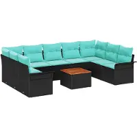 vidaXL Tuinbank Set 10 st 9-zits Zwart en Turkoois poly rattan