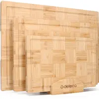 Deleca Snijplankenset met Houder - 3 Stuks (40x30 / 33x24 / 26x18 cm) - Snijplank Voor Keuken - Snijplanken, Serveerplank, Kaasplank, Borrelplank en Tapasplank - Premium Bamboe Hout