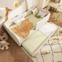 OKWISH Gestoffeerd Dagbed 90x190 cm - Kinderbed Met Uittrekbaar Bed En Remmen - Verwisselbare Zijpanelen - Voor Kleine Kamers - Linnen - Beige - Zonder matras