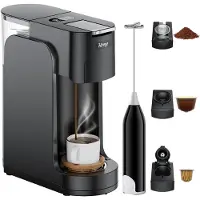 HDeye 3-in-1 Kapsel Koffiemachine – 1450W, 750ml, 3 sec Verhitting, Compatibel met DG/Nespresso/Poeder – Zwart + Melkopschuimer