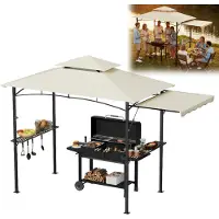 XMTECH Grillpaviljoen, 245x141x253 cm, met zijschermen en dubbel dak, grilltent/tuinpaviljoen met metalen frame, UV-bescherming, beige