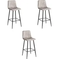 Leobert Set van 3 barkrukken POZZA - Donkerbeige Fluweel - Zwarte Metalen Poten - Moderne Barkruk met Rugleuning