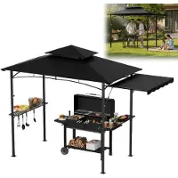 XMTECH Grillpaviljoen, 245x141x253 cm, met zijschermen en dubbel dak, grilltent/tuinpaviljoen met metalen frame, UV-bescherming, zwart