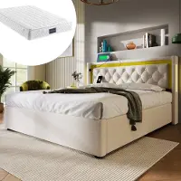 HAUSS SPOLE Gestoffeerd Bed 140x200cm - Tweepersoonsbed met LED en USB+Type-C Oplaadpoort - Met Opbergruimte - Katoen - Lichtbeige - Met matras