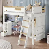HAUSS SPOLE Stapelbed 90x200 cm - Met Vierzijdig Valbeveiliging - Met Bureau & Kledingkast - Massief Hout+MDF - Wit/Naturel - Zonder matras