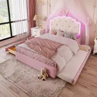 HAUSS SPOLE Gestoffeerd Bed 140x200 cm - Eenpersoonsbed met Lattenbodem - LED Sfeerverlichting - Uittrekbed met 2 Laden - PU - Roze - Zonder matras