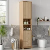 OKWISH Badkamerkast – Hoge Opbergkast Met 3 Lades En Open Vakken – Badkamer – MDF Natuurlijke Houtkleur – 40x30x172 cm
