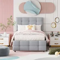 HAUSS SPOLE Gestoffeerd Bed 90x200 cm - Met Uitschuifbed 90x190 cm - Verstelbaar Hoofdbord - Met Lattenbodem - Zonder matras - Linnen - Grijs