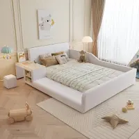 OKWISH Gestoffeerd bed 140x200 cm – Kinderbed met geïntegreerd bureau & kruk en lattenbodem – Draagvermogen 220kg – Fluweel – Wit – Zonder matras