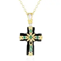 Cavill - Zilveren halsketting met 7,02 ct zwarte onyx en 0,378 ct Zambiaanse smaragd - 925 sterling zilver verguld - Elegant kruis