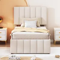 HAUSS SPOLE Gestoffeerd Bed 90x200 cm - Met Uitschuifbed En 3 Opberglades - Verstelbaar Hoofdbord - Zonder matras - Linnenlook - Beige