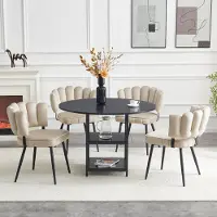 Ninkear Eetset met tafel en stoelen, ronde eettafel 107 cm, dubbele opbergruimte, 4 stoelen met stoffen bekleding, rugleuning met bloemenmotief (zwart, lichtbruin)
