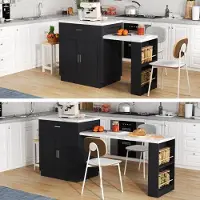 OEM Keukeneiland met uitschuifbaar eettafel voor 4-6 personen, keukentafel in twee kleuren, stopcontact, kast, 2 lades, 2 open planken