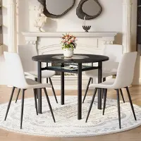 MODFU - Eettafelset - Rond - Met 4 Stoelen - Modern - Voor Eetkamer - MDF Metaal En Kunstleer - Zwart En Wit - 100 Cm