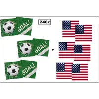 Partyxplosion 120x Servetten Voetbal 33cm x 33cm + 120x Servetten USA 33cm x 33cm - 3 laags - MIX - WK Servet diner eten knoeien restaurant BBQ thema feest verjaardag feest