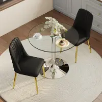 STILVORA Eethoek Set 85 cm - Ronde Glazen Eettafel Met 2 Eetkamerstoelen - Voor Keuken En Eetkamer - Zwart Goud
