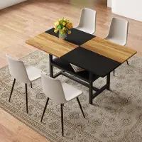MODFU - Eettafelset - Met Opbergvak En 4 Stoelen - Modern - MDF, Metaal En PU - Bruin, Zwart En Warmgrijs - 160 Cm
