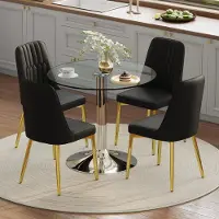 MODFU - Eettafelset - Ronde Glazen Tafel En PU-Leren Eetkamerstoelen - Modern - Voor Eetkamer Of Keuken - Zwart Goud Zilver - 85 x 76 cm