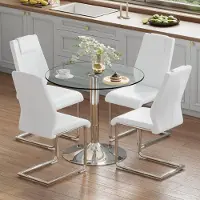 MODFU - Eettafelset - Ronde Glazen Tafel Met Stoelen - Minimalistisch - Voor Eethoek - Glas Metaal En PU - Wit En Zilver - 85 x 76 cm