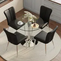 STILVORA Eettafelset 85 Cm - Ronde Glazen Tafel Met 2 Stoelen - Voor Eetkamer En Keuken - Glas Metaal En PU - Zwart Zilver
