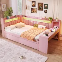 HAUSS SPOLE Gestoffeerd Daybed 140x200 cm - Met USB en LED Verlichting - Met Bureau en 2 Laden - Zonder Matras - Roze