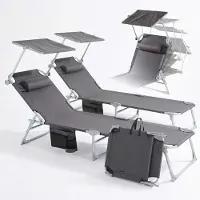 Arebos Set 2 Ligstoel Opvouwbaar Zonnescherm Kussen 120kg Antraciet Tuin Patio Home