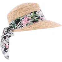 Herman Casquette/chapeau en paille naturelle raphia pour femme très légère et souple avec foulard imprimé tropical noir