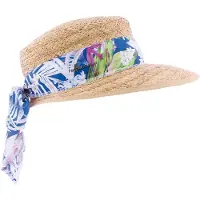 Herman Casquette/chapeau en paille naturelle raphia pour femme très légère et souple avec foulard imprimé tropical bleu