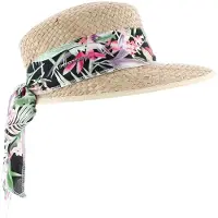 Herman Casquette/chapeau en paille naturelle unie pour femme avec foulard imprimé tropical noir