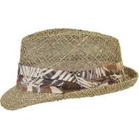 Herman Chapeau petit bord relevé en paille seagrass ajourée unie avec un ruban imprimé tropical marron