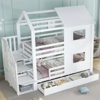HAUSS SPOLE Kinderstapelbed 90x200 cm - Met Trapkast En Opberglade - Zonder Matras - Met Dak En Raampjes - Hout - Wit