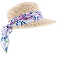 Herman Casquette/chapeau en paille naturelle unie pour femme avec foulard imprimé tropical bleu