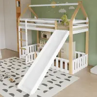 HAUSS SPOLE Kinderbed 90x200 cm - Met Glijbaan En Dakvorm - Zonder Matras - Speelruimte Met Hek - Hout En MDF - Wit Naturel